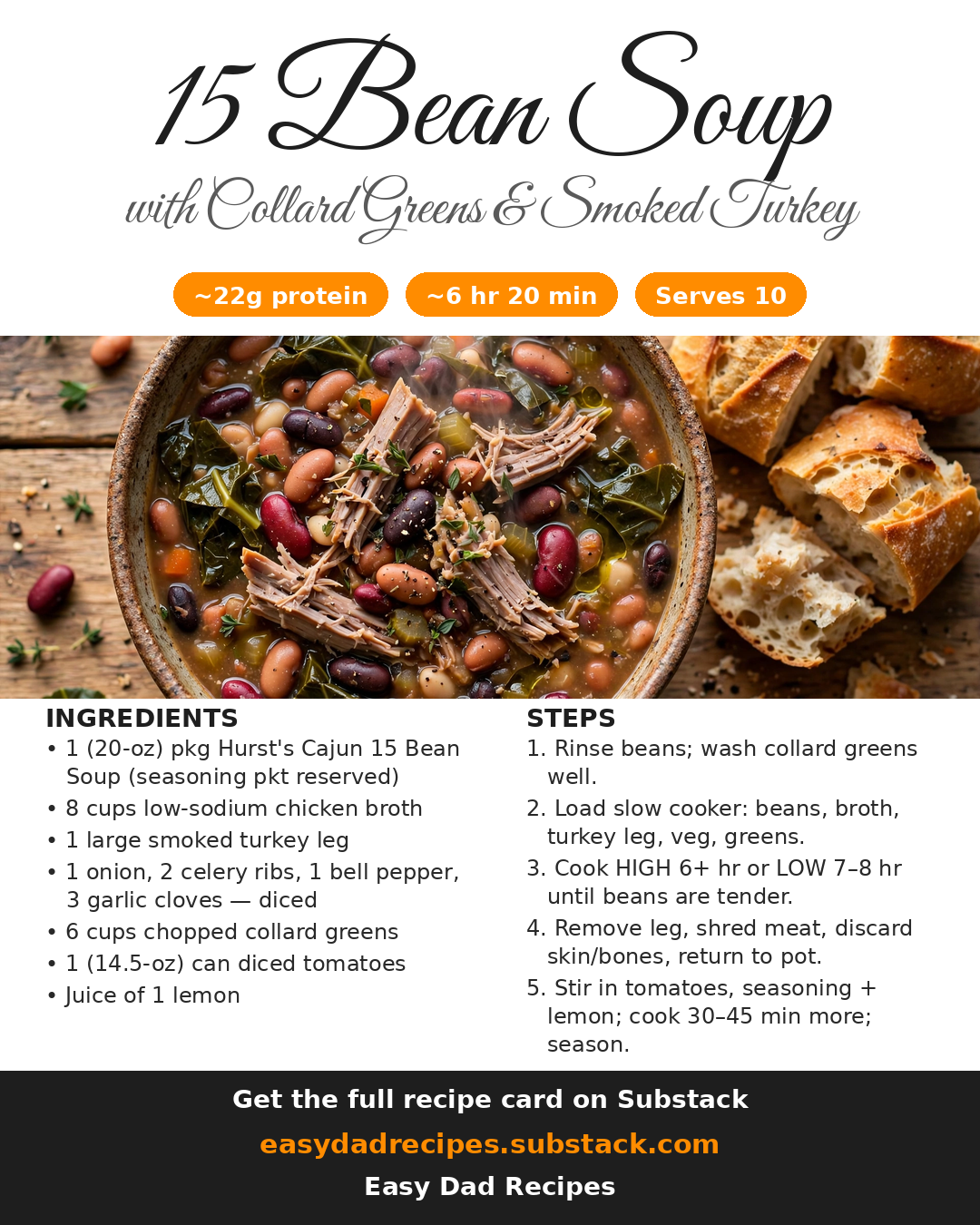 Recipe card for 15 Bean Soup with Collard Greens & Smoked Turkey