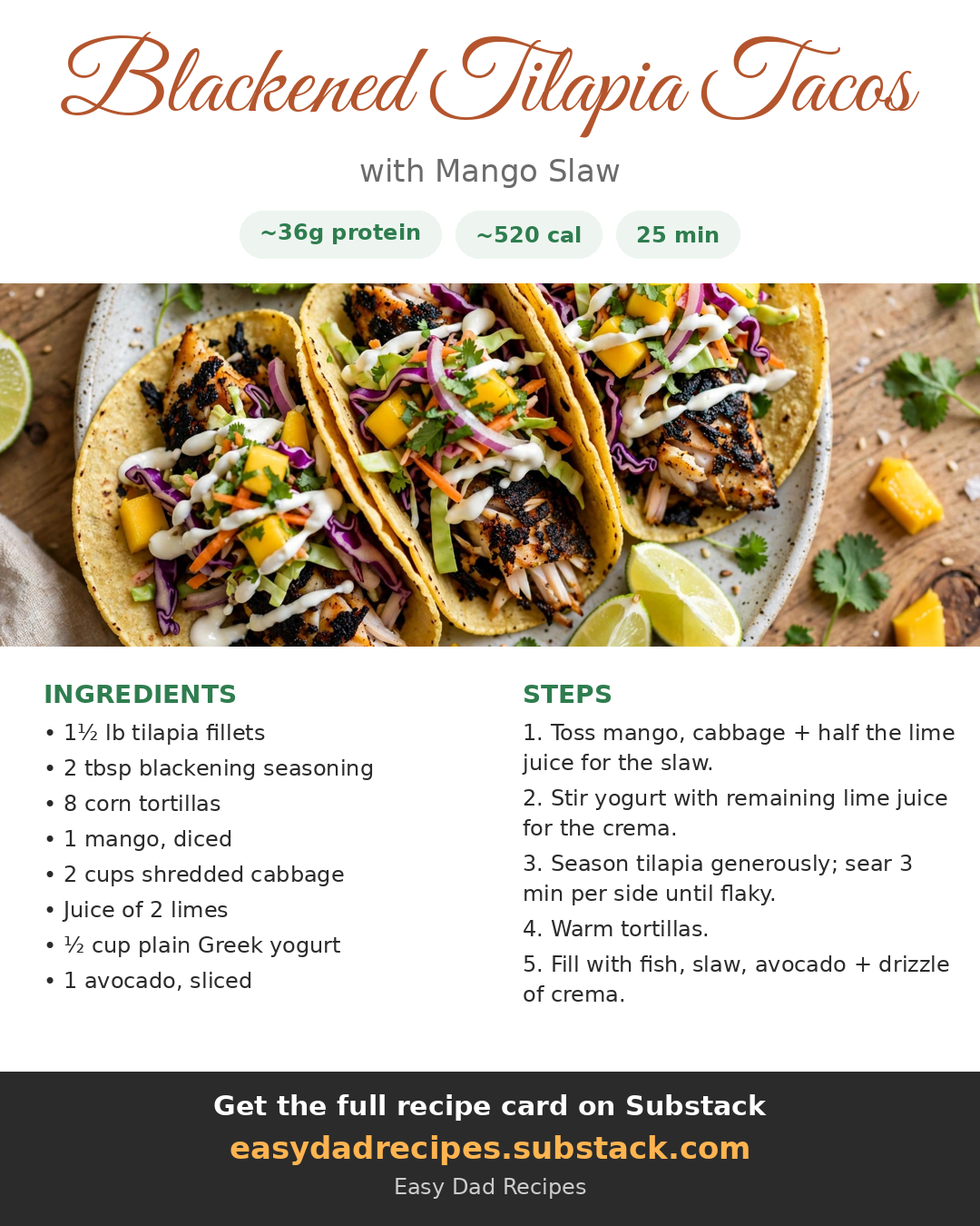 Recipe card for Blackened Tilapia Tacos with Mango Slaw