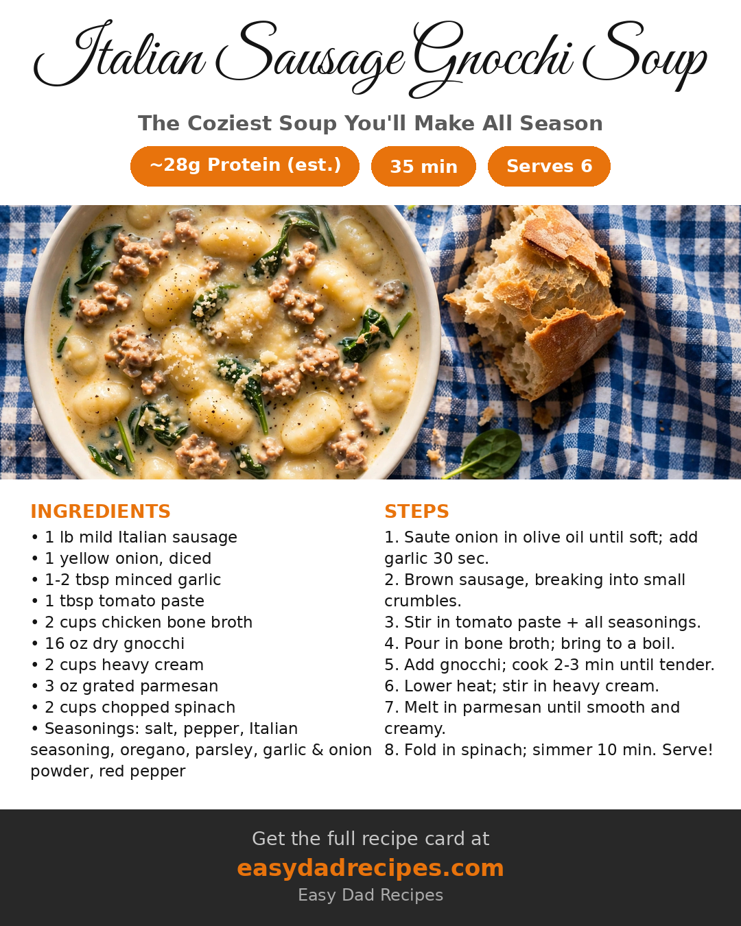 Recipe card for Italian Sausage Gnocchi Soup